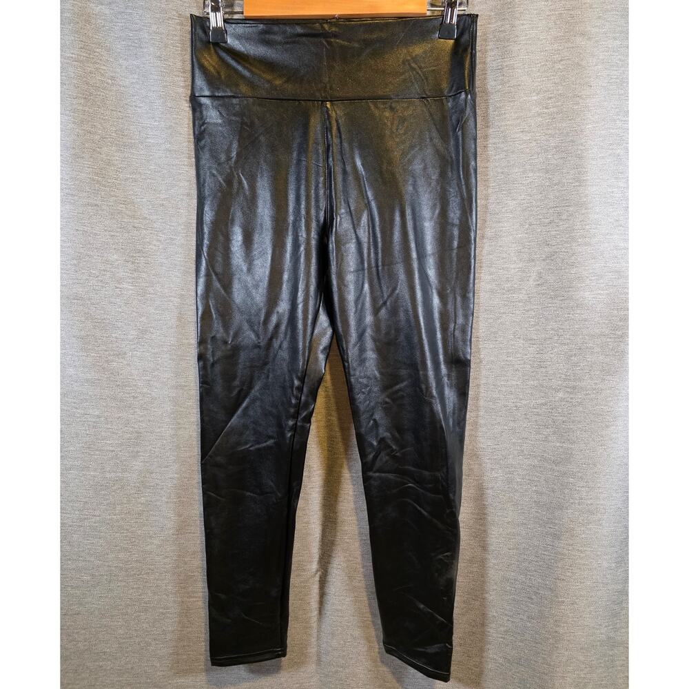 SPANX Womens Leggings Sz Med Black Shiny Base Layer Slimming Faux Leather